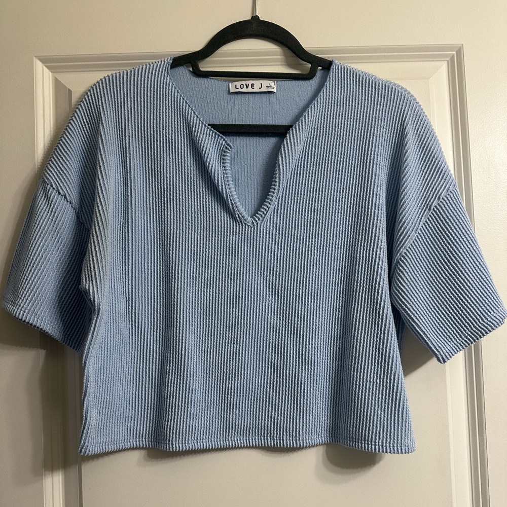 Love J Sky Blue Ribbed V-Neck Top